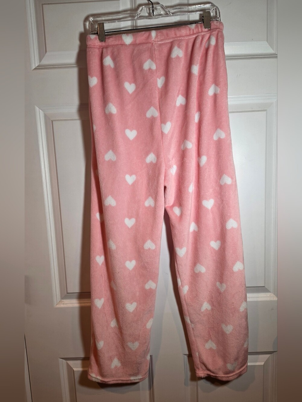 Pink And White Heart-Print Soft Plush Pajama Pants With Pockets L - Picture 4 of 4